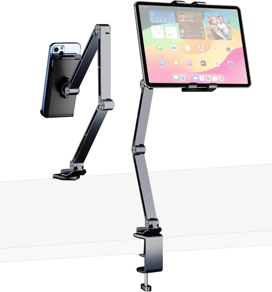 iPad Mount for Desk Aluminum Alloy Tablet Stand Foldable Overhead Arm Holder Mount Fits for 4.7-15.6" Screen Phone,Kindle,Fire HD,Monitor,iPad,Galaxy Tab Series (Gray)