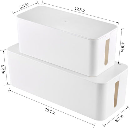 Cable Management Box, 2 Pack Large & Medium Cable Organizer Box with 17 PCS Cable Management Set, Cord Organizer Box to Hide Surge Protector on Desk or Floor (White)