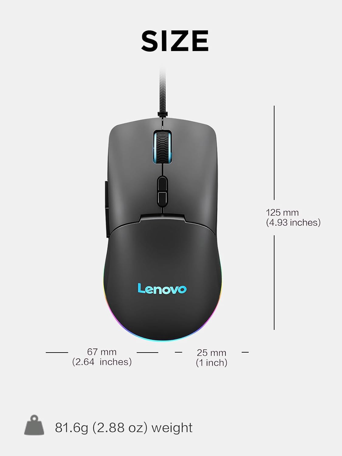 Lenovo M210 RGB Wired Gaming Mouse for PC, Laptop, Computer with Windows & Chrome OS - 3 Zone RGB, 8000 DPI Adjustable Sensor, 7 Programmable Buttons – Palm Grip Mouse for Gamers (Black)