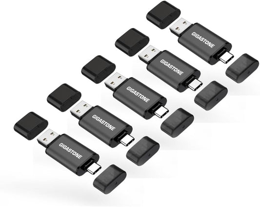GIGASTONE 128GB Dual Flash Drive (5 Pack) Z40 USB 3.2 Gen 1, 2-in-1 Type-A & Type-C, 100MB/s Ultra Fast, Head Cap Design, Plug & Play for Smartphone/PC/Mac/TV/Car Audio, USB 2.0/3.0/3.1 Compatible