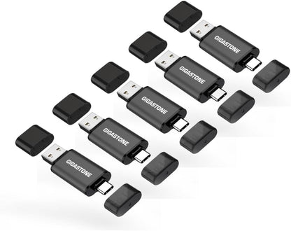 GIGASTONE 64GB Dual Flash Drive (5 Pack) Z40 USB 3.2 Gen 1, 2-in-1 Type-A & Type-C, 100MB/s Ultra Fast, Head Cap Design, Plug & Play for Smartphone/PC/Mac/TV/Car Audio, USB 2.0/3.0/3.1 Compatible