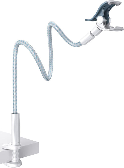 Lamicall Gooseneck Phone Holder Bed - [Nylon Braided] Flexible Arm, Overall Length 38inch, 360 Adjustable Clamp Clip, Overhead Cell Phone Mount Stand for Bed, Blue White