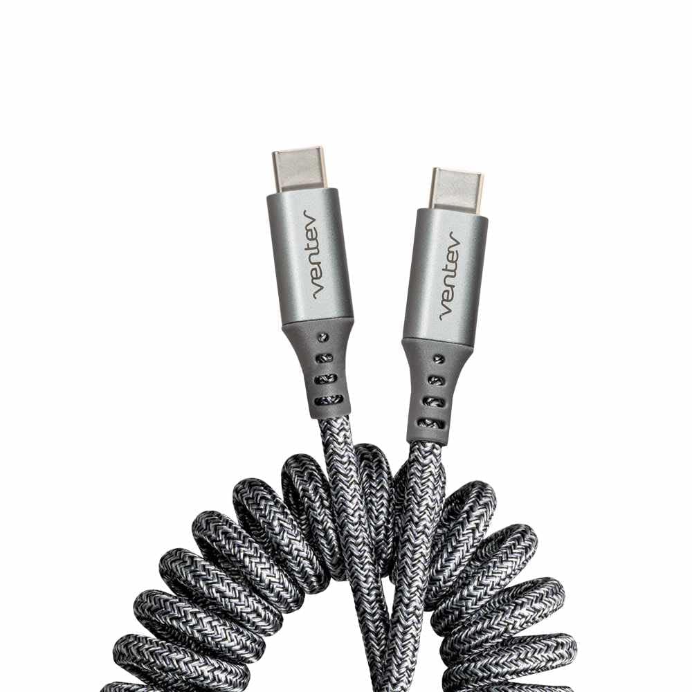 Ventev Helix 3ft Expandable USB C to USB C Cable | Fast Charging Cable for iPhone 16/16 Pro/15, MacBook, iPad Pro, Pixel 9, Samsung S25 | No Tangle Cord for Fast Charger, Crafted for The Car, Gray