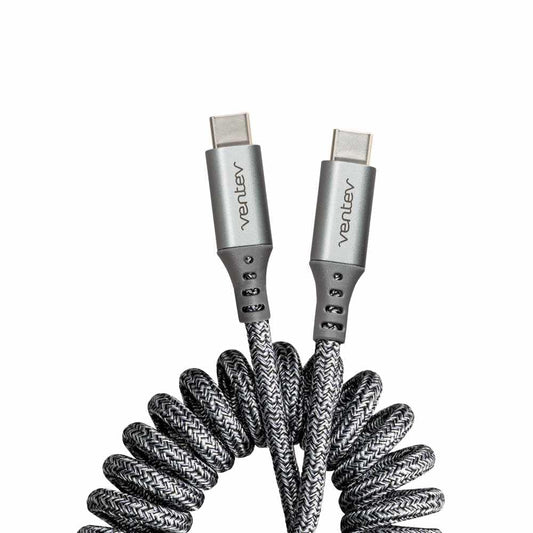 Ventev Helix 3ft Expandable USB C to USB C Cable | Fast Charging Cable for iPhone 16/16 Pro/15, MacBook, iPad Pro, Pixel 9, Samsung S25 | No Tangle Cord for Fast Charger, Crafted for The Car, Gray