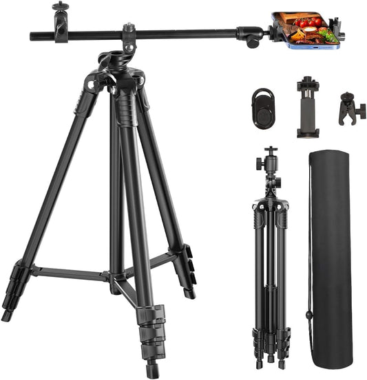 Phone Tripod, Arsoer 67" Adjustable Height Tripod with Horizontal Column and Removable Clip Mount for Overhead Shot, 360° Rotation Stand with Wireless Remote/Carry Bag for iPhone/Webcam