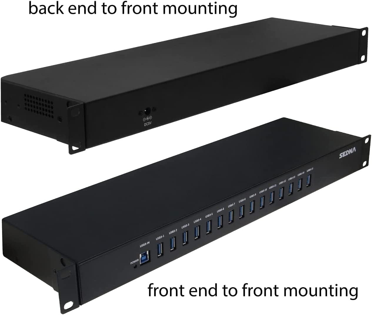 SEDNA - 15 Port USB 3.1 Gen I Hub ( 5Gbps ) - 19 Inch 1U Rack Mount ( 5V10A AC/DC Adapter ), Black