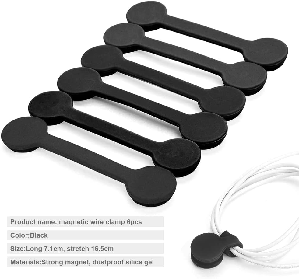 Viaky 6 Pcs Black Magnetic Cable Clips Organizer Earbuds Cords Winder Bookmark Whiteboard Noticeboard Fridge Straps USB Manager Keeper Wrap Ties for Kitchen, Home, Office and School