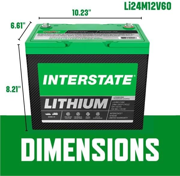 Interstate Batteries 12V 60Ah Group Size 24M Lithium Deep Cycle LiFePO4 Marine/RV Battery, Maintenance Free, Lightweight, Ideal For Boats, RV Camping, Off-Grid, Yachts (Li24M12V60)