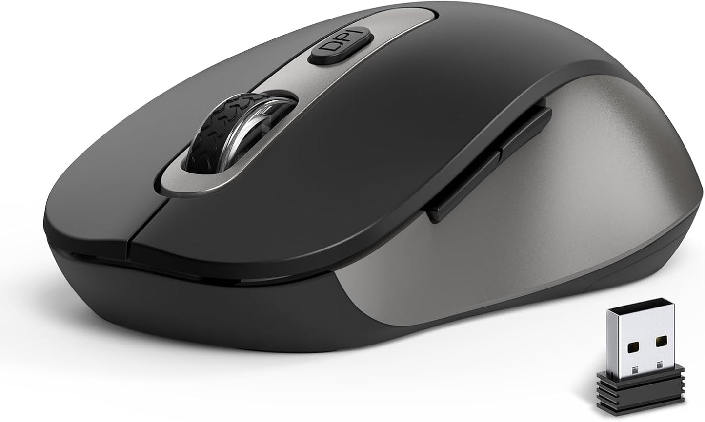 Wireless Mouse for Laptop, PC, Chromebook, Mac, MacBook, Silent Wireless Mouse with USB Nano Receiver, Side Button, 2400 DPI, Anti Slip Roller, 6 Button Ergonomics Cordless Computer Mice - Black Gray