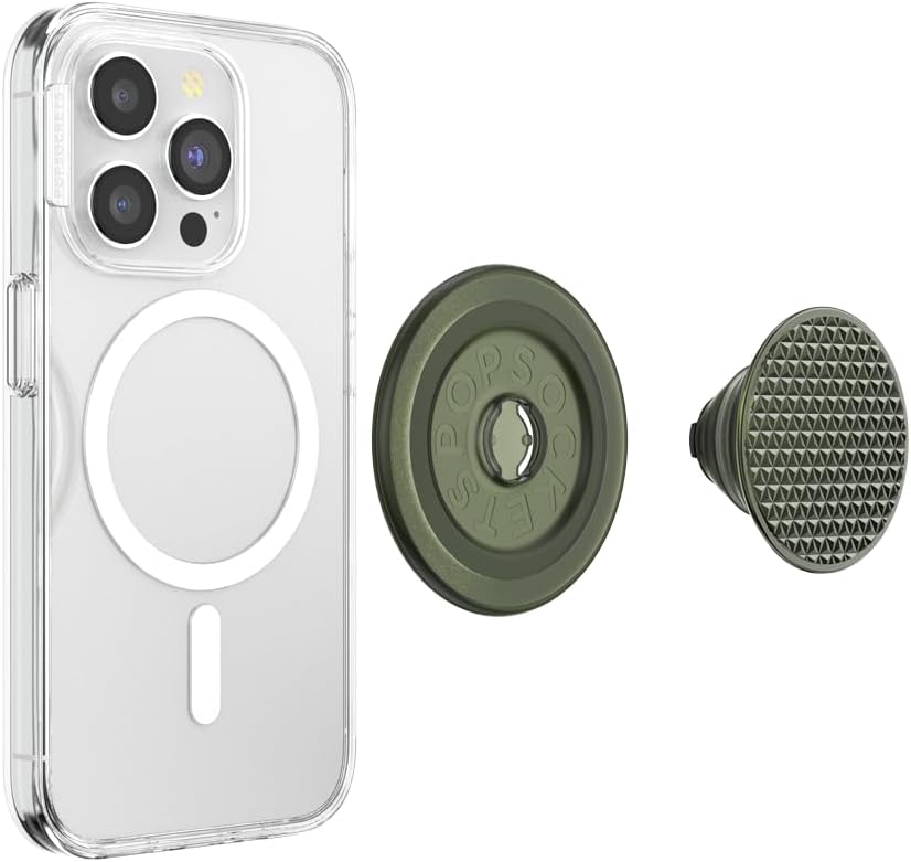 PopSockets Phone Grip for MagSafe with Kickstand, Magnetic Stand, Swappable Top, Secure Hold for iPhone MagSafe Cases, Phone & Tablet Grip - Triangle Knurl Olive