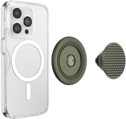 PopSockets Phone Grip for MagSafe with Kickstand, Magnetic Stand, Swappable Top, Secure Hold for iPhone MagSafe Cases, Phone & Tablet Grip - Triangle Knurl Olive