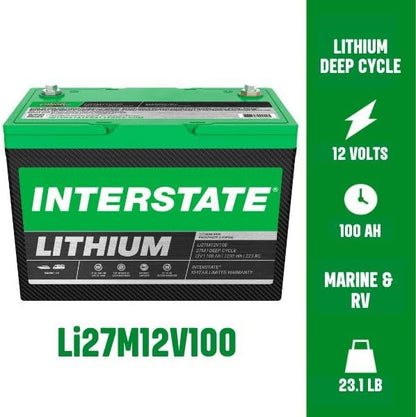 Interstate Batteries 12V 100Ah Group Size 27M Lithium Marine/RV Deep Cycle LiFePO4 Battery, Maintenance Free, Lightweight, Ideal For Boats, RV Camping, Off-Grid, Yachts (Li27M12V100)
