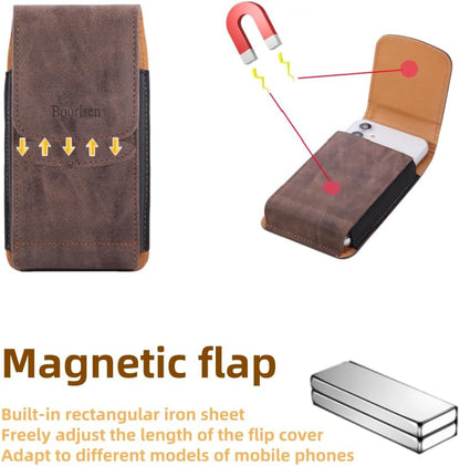 Universal Phone Holster Phone Pouch Case Belt Clip Belt Loops Card Slot Faux Leather for Man iPhone 17/16/15pro max,16/15Plus,Samsung S25 24 S23 S22 Ultra (Brown&Yellow, XL(6.6"x3.4"x0.8"))