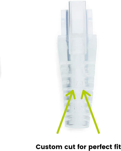 trueCABLE RJ45 Strain Relief Boots, Small 5.5 to 7.0mm Cut-to-Fit PVC Plug Cover, Transparent, 100 Pieces