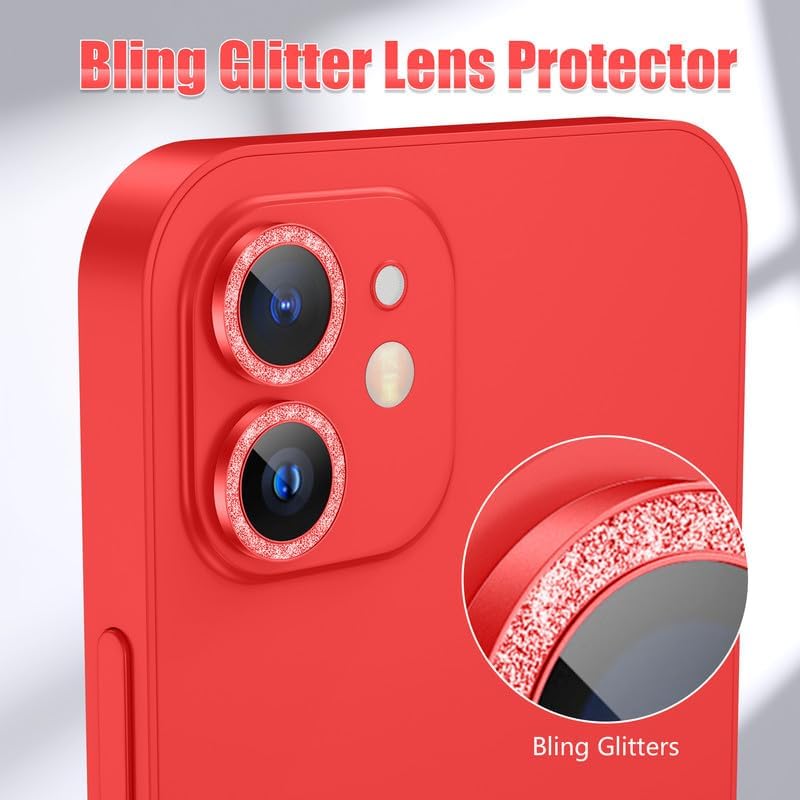 AGVEE 3+3 6 Pack for iphone 12 Pro/12/12 Mini/11 Pro Max/11 Pro/11 Camera Lens Cover Protector, Bling Diamond & Bling Glitter Metal Ring 9H Tempered HD Glass Camera Protector, Bling-Red