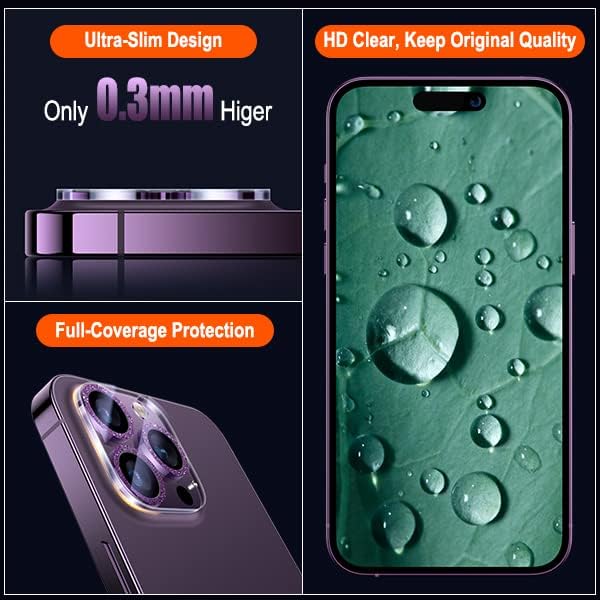 UniqueMe [3 Pack] Compatible for iPhone 14 Pro Max/iPhone 14 Pro Camera Lens Protector Tempered Glass,[Case Friendly][Scratch-Resistant][Night Shooting Mode]-Glitter Purple