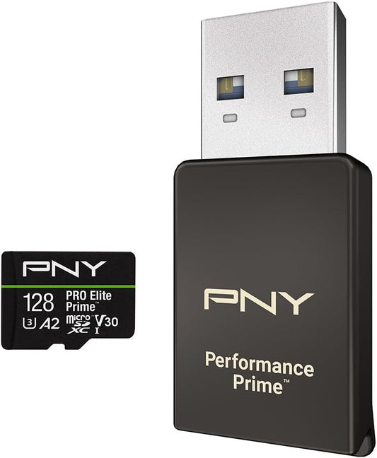 PNY 128GB PRO Elite Prime™ C10 U3 V30 A2 microSDXC Flash Memory Card & Performance Prime™ Reader – Ultra-Fast Speeds, Read 200MB/s, Write 150MB/s, 4K UHD, UHS-I, For Smartphones, Drones, Action Camera