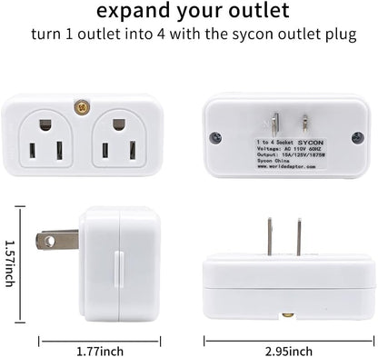 SYCON Adapter Outlet Extender, 2-Prong Mini Wall Plug, Multi Outlet Splitter with 4 Outlets