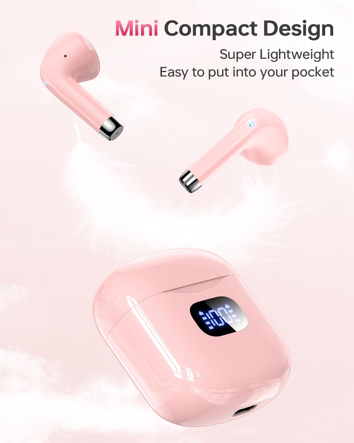 Wireless Earbuds Bluetooth 5.3 Headphones, 40Hrs Playback Stereo Ear Buds with LED Display Charging Case IPX7 Waterproof in-Ear Earphones with Mic for Phone Tablet Laptop Sports, Pink