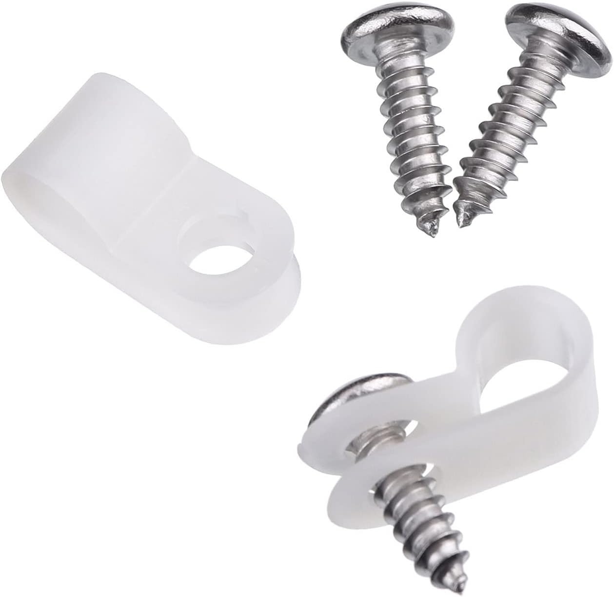 Hicarer 50 Pack R-Type Cable Clip Wire Clamp, Nylon Screw Mounting Cord Fastener Clips with 50 Pack Screws for Wire Management (White,1/2 Inch)