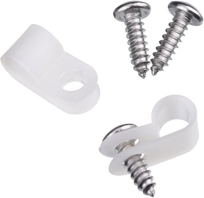 Hicarer 50 Pack R-Type Cable Clip Wire Clamp, Nylon Screw Mounting Cord Fastener Clips with 50 Pack Screws for Wire Management (White,1/2 Inch)