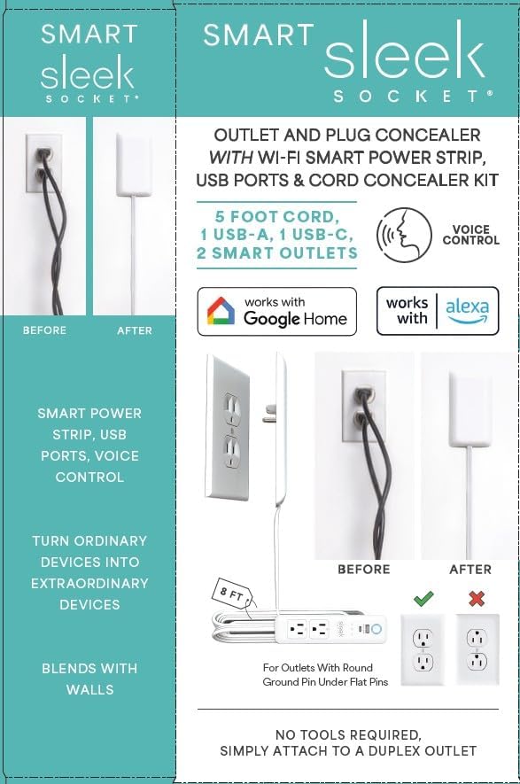 Smart Sleek Socket: Universal Outlet Concealer with Wi-Fi Smart Power Strip