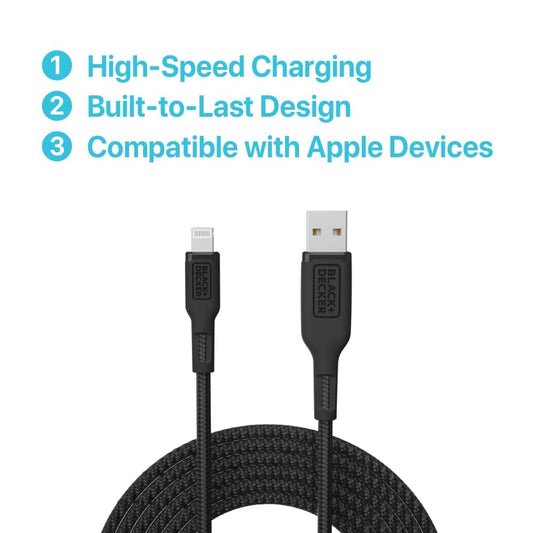 BLACK+DECKER Lightning to USB Cable - Fast Compatible iPhone Lightning Cable - Durable Braided iPhone Charger Cord - for Travel and Daily Use - Multiple Color + Length Options - 3ft