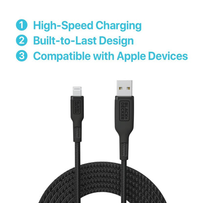 BLACK+DECKER Lightning to USB Cable - Fast Compatible iPhone Lightning Cable - Durable Braided iPhone Charger Cord - for Travel and Daily Use - Multiple Color + Length Options - 9ft