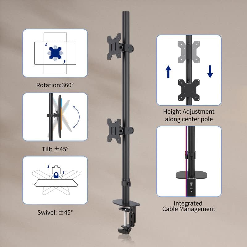 Pholiten Tall Vertically Stacked Dual Monitor Desk Mount Stand,Extra Tall 31 Inch Monitor Stand, Fully Adjustable Monitor arm for 13-32 Inch LCD Screen，Holds up to 22lbs
