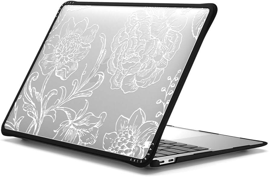CASETiFY Impact MacBook Air 13" (M1/Intel) Case [Cushioned Impact Corners/Scratch-Resistant/Anti-Slip Grip] - White line Art Flowers - Clear Black