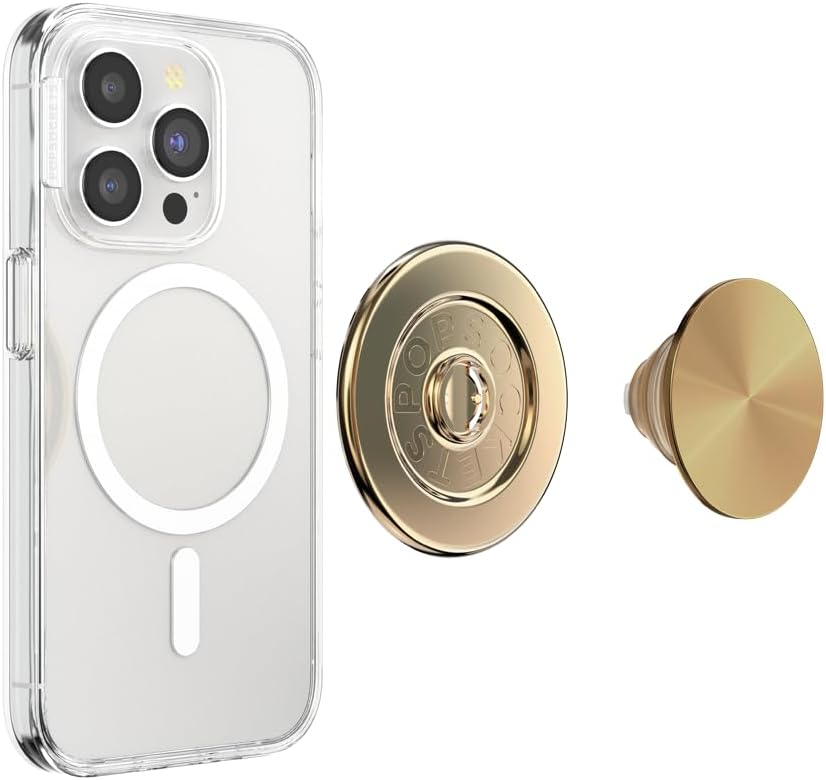 PopSockets Phone Grip for MagSafe with Kickstand, Magnetic Stand, Swappable Top, Secure Hold for iPhone MagSafe Cases, Phone & Tablet Grip - Alum Radial Gold