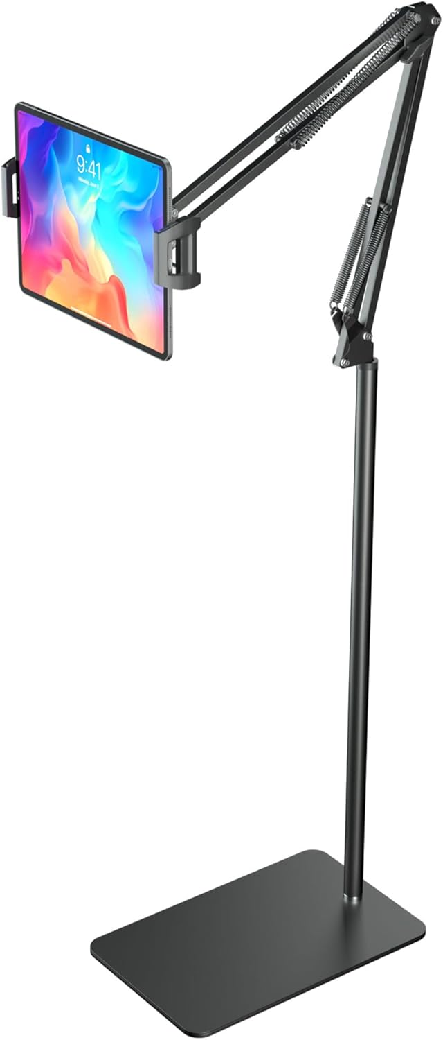 Tablet Floor Stand & Kindle Holder, Overhead Bed Reading Stand with 360° Rotatable Clamp and Height Adjustable Flexible Long Arm, Compatible with Kindle, iPad mini/Air/Pro, and 4.7-14 Inch Devices