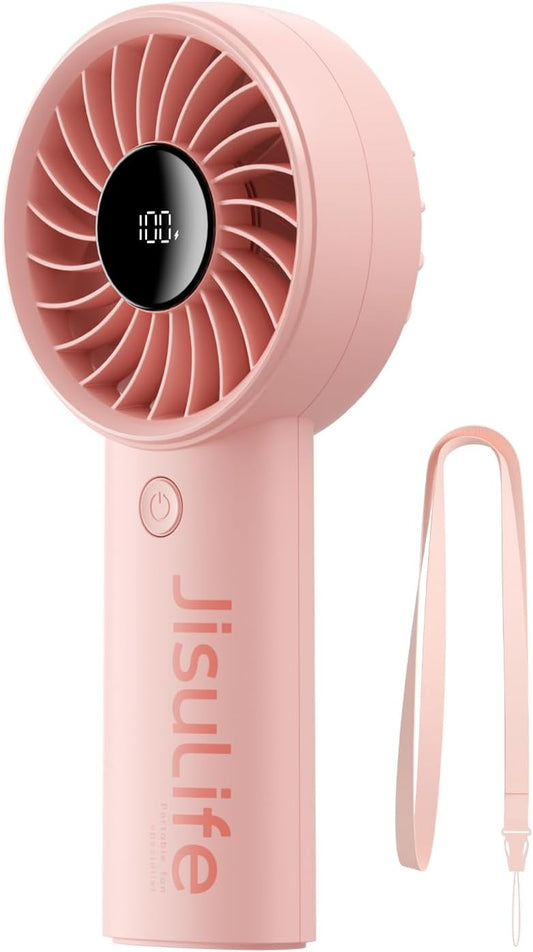 JISULIFE Handheld Fan Life4, 5000mAh Portable Rechargeable Fan, 5-Speed Turbo Wind, 15 Hrs Cooling, LED Display, Gifts for Men/Women, Essential for Travel,Beach,Vacation,Makeup,Concerts,Cruise-Pink
