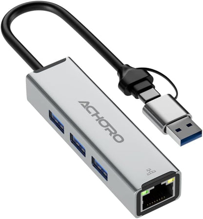 ACHORO USB Port Expender with LAN - Built in USB A & USB C to USB Port Ethernet Port Adapter - Multiple USB Port for PC, Mac - Aluminium Alloy Extra 3 USB Ports with RJ45 USB Hub (LAN & USB Ports)