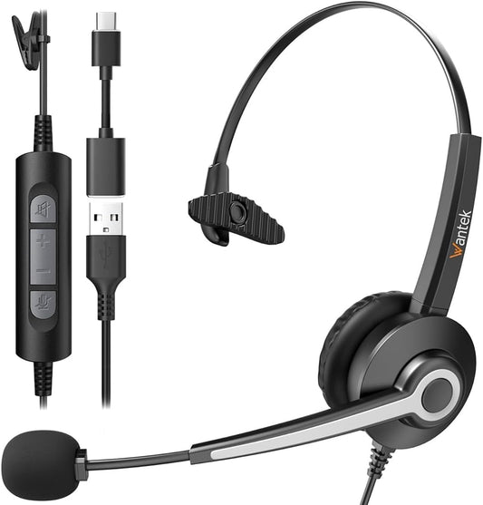 Wantek Monaural Corded USB Headsets with Noise Cancelling Mic and in-line Controls, UC Business Headset for Skype, SoftPhone, Call Center