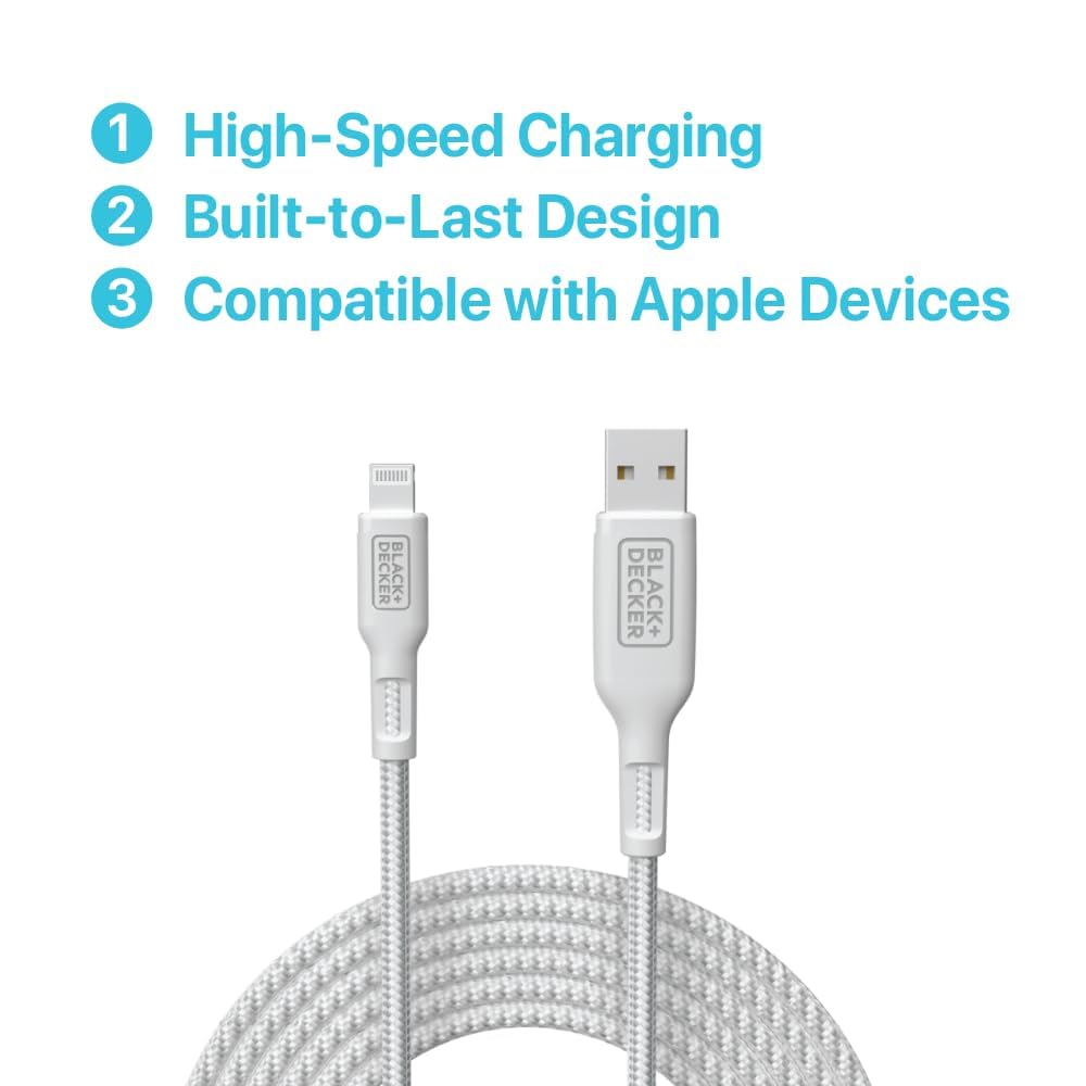 BLACK+DECKER Lightning to USB Cable - Fast Compatible iPhone Lightning Cable - Durable Braided iPhone Charger Cord - for Travel and Daily Use - Multiple Color + Length Options - 6ft