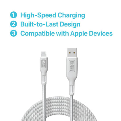 BLACK+DECKER Lightning to USB Cable - Fast Compatible iPhone Lightning Cable - Durable Braided iPhone Charger Cord - for Travel and Daily Use - Multiple Color + Length Options - 3ft
