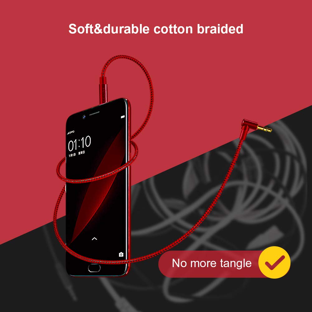 CableCreation Audio Cable, 10FT 3.5mm Right Angle Male to Male Auxiliary Stereo HiFi Cable with Silver-Plating Copper Core,24K Gold Plated, Red