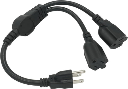 Y Splitter Extension Cord, 1.4FT 2 Way 1 to 2 Splitter Extension Cord, 3 Prong SJT 16AWG NEMA 5-15P to NEMA 5-15R x2, Male to Female Power Cord Cable Wire Extender Space Saver, 125V 13A 1625W, Black