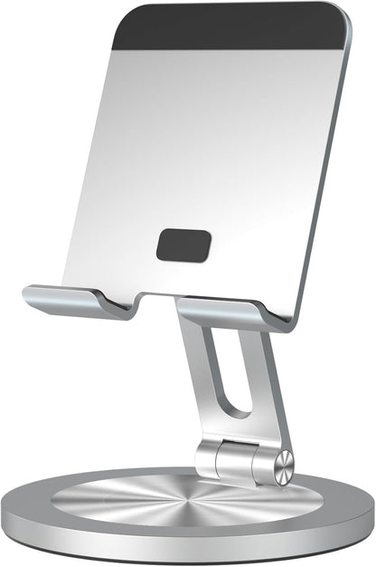 360 Rotating Phone Stand for Desk, Dual-Adjustable Foldable Aluminum Desktop Phone Holder Compatible with iPhone 16 15 14 13 12 11 Series, iPad-Mini, 4-8" All Phones (Silver)