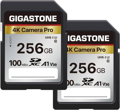 [5-Yrs Free Data Recovery] GIGASTONE 256GB 2-Pack SD Card, 4K Camera Pro, A1 V30 SDXC Memory Card 4K UHD Video Compatible with Canon Digital Camera, with 2 Mini Cases