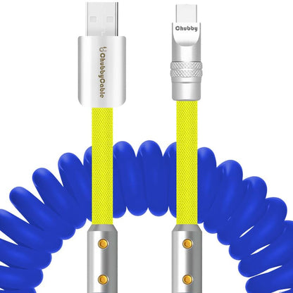 chubbycable Colorblock Chubby - Spring Braided Silicone Charge Cable Coiled USB C Cable Fast Charging Type C Charger Cord for Car, Dark Blue+Yellow, USB-A to Type-C, 2.29FT-3.6FT