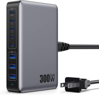 USB C Charger 300W USB C Charger Block, 8-Ports GaN IV Fast Charging Station Hub, Dual PD 100W Laptop Charger Adapter,for MacBook Pro/Air/iPad/iPhone16/15/14/Apple Watch/DELL/Samsung for Home Office