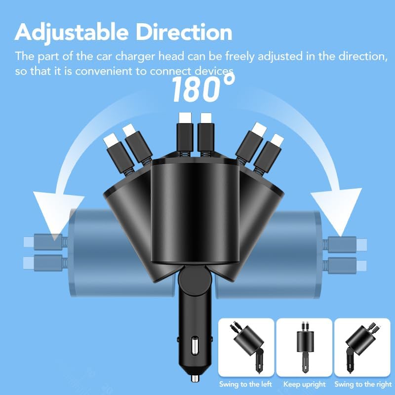 Retractable Car Charger, 4 in 1 Super Fast Car Phone Charger 60W, 2 Retractable Cables and 2 USB Ports Car Charging Adapter,Compatible with iPhone 16/15/14/13/12/11,Air-Pods 4,Galaxy,Pixel