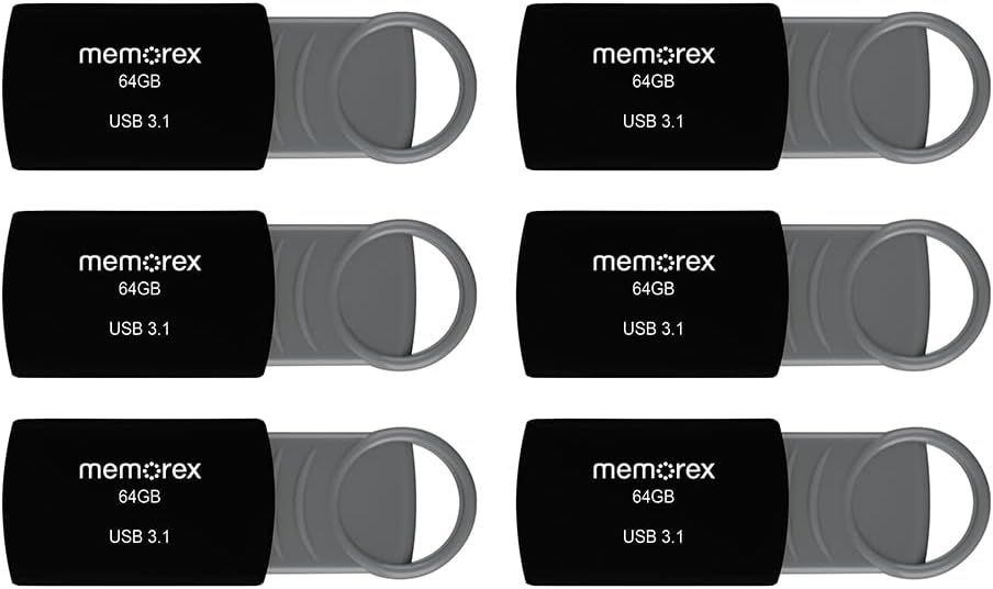 64GB Memorex USB 3.1 Flash Drive – Transfer Speeds Up to 10x Faster Than USB 2.0, Latest USB 3.1 Gen 1 Technology, Lightweight Design, for Daily File Management, Type-A Connector, 6-Pack
