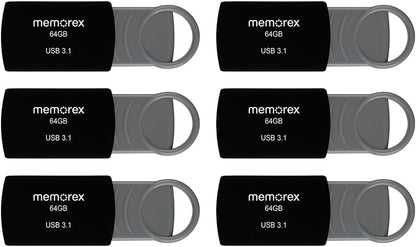 64GB Memorex USB 3.1 Flash Drive – Transfer Speeds Up to 10x Faster Than USB 2.0, Latest USB 3.1 Gen 1 Technology, Lightweight Design, for Daily File Management, Type-A Connector, 6-Pack