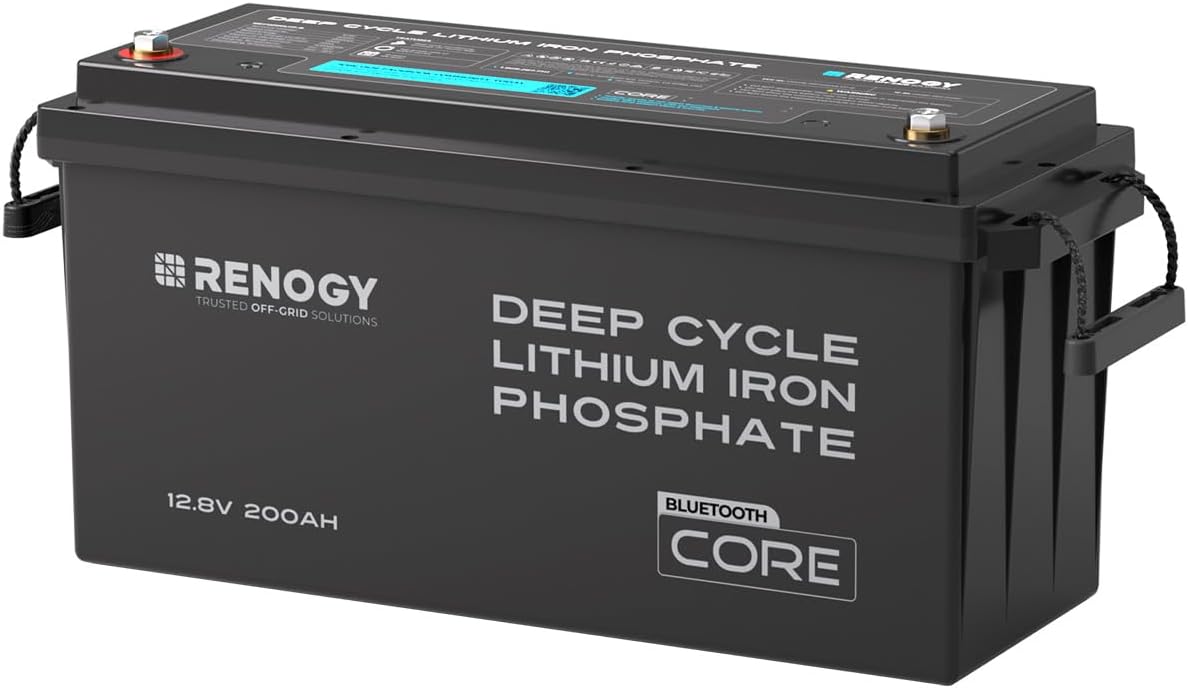Renogy 12V 200Ah Bluetooth Lifepo4 Battery, Bulit in 200A BMS Lithium Deep Cycle Battery, 400A Peak Power Surge for Off Grid Life, Backup Power for RV, Camping, Cabin, Marine