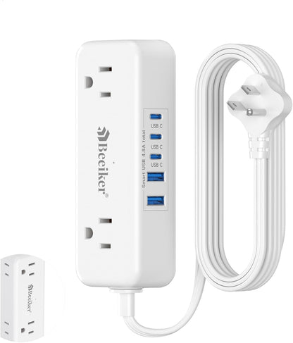 5 USB(3 USB C) Travel Power Strip- 5Ft Short Extension Cord with 5 USB Charging Station 24W/4.8A and 4 Wide Outlets, Compact Flat Plug Small Extension Cord for Travel Cruise College Dorm Office White
