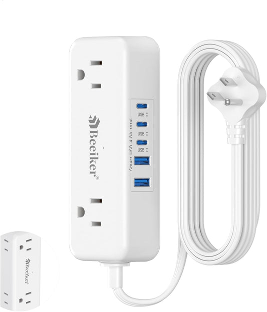 5 USB(3 USB C) Travel Power Strip- 5Ft Short Extension Cord with 5 USB Charging Station 24W/4.8A and 4 Wide Outlets, Compact Flat Plug Small Extension Cord for Travel Cruise College Dorm Office White