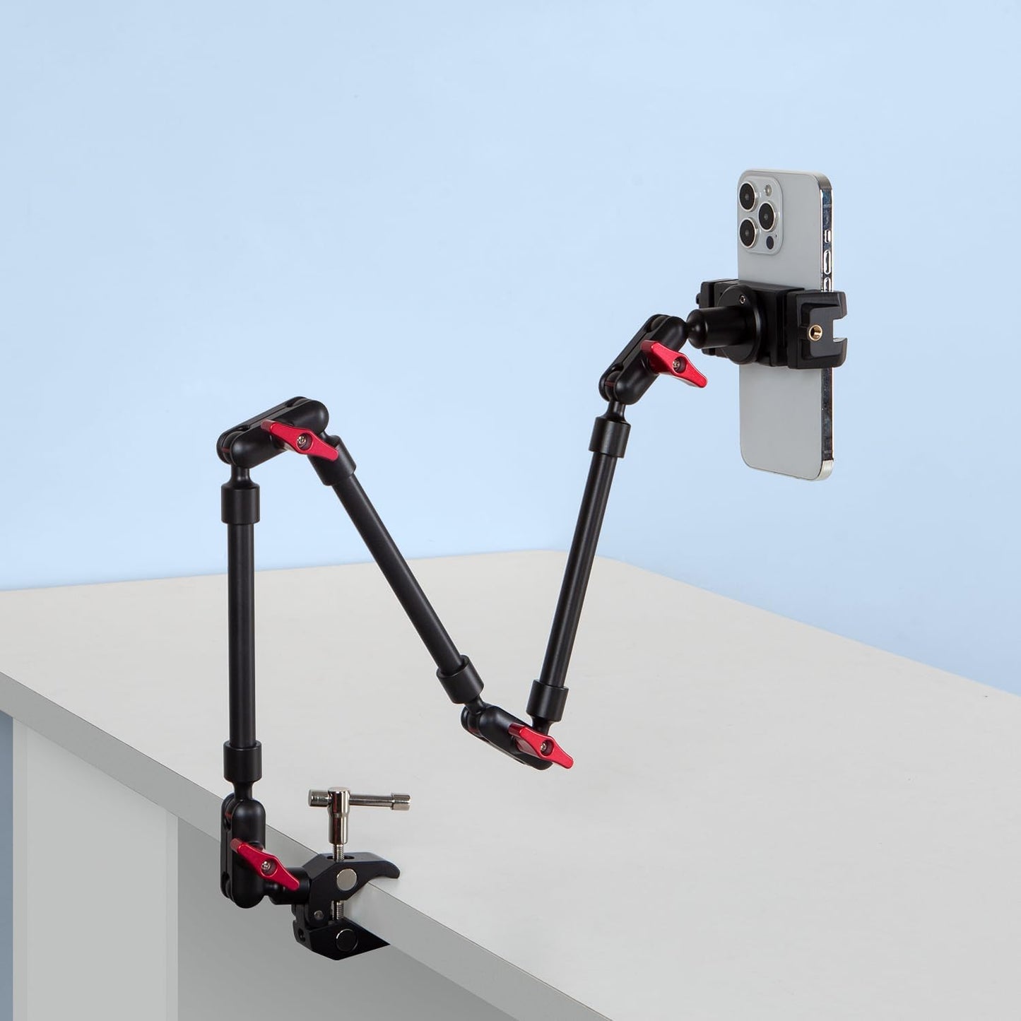 Adjustable Articulating Magic Arm with Clamp and Phone Holder Clip for Desk Mount, Desk Stand, Cell Phone Tripod